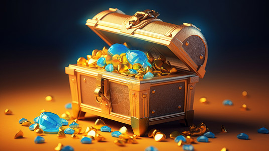 黄金宝箱打开满是黄金和钻石的黄金卡通百宝箱插画