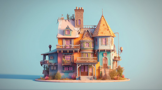 复古破旧的彩色多层卡通小房子图片