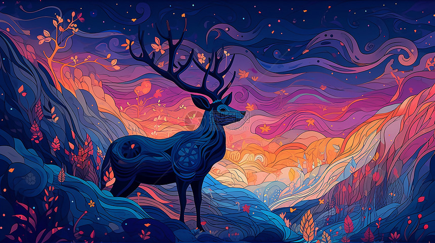 色彩斑斓的麋鹿绘画图片