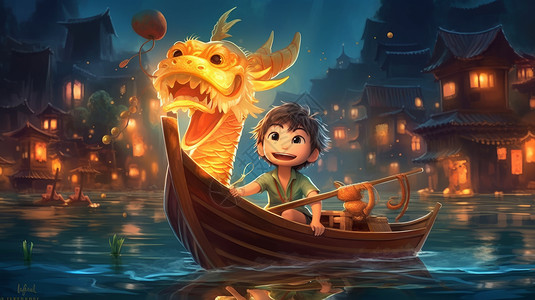 正在河面上划龙舟的微笑可爱的卡通小男孩背景图片