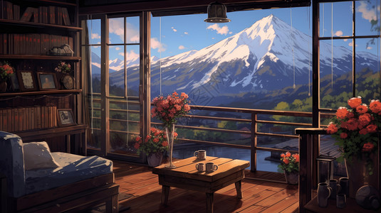 楼房室内温馨的卡通大窗窗外美丽的雪山景色插画