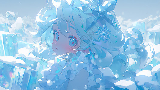 在蓝色冰雪世界中的蓝色长发卡通小公主背景图片