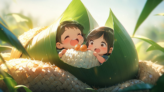 粽子和小女孩在巨大粽子中的吃粽子的两个卡通小孩插画