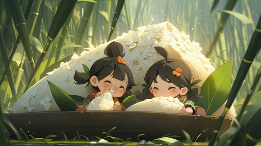 吃完粽子小孩巨大粽子旁吃粽子的两个可爱卡通小孩插画