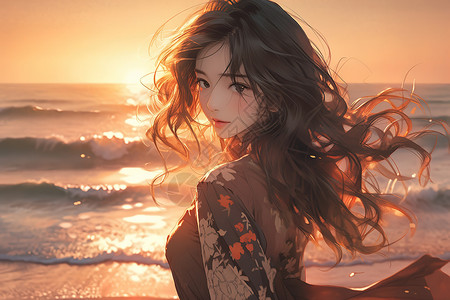 港风背景夏日海边日落美女头发在风中飘逸插画