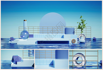 卡通水波纹蓝色清新电商展台背景UE模板设计图片