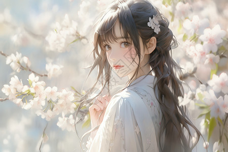 女孩穿着白色碎花连衣裙站在樱花树下高清图片
