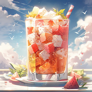 夏日特饮水果奶茶西瓜冰块背景图片