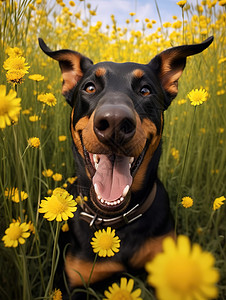 花丛中的杜宾犬背景图片