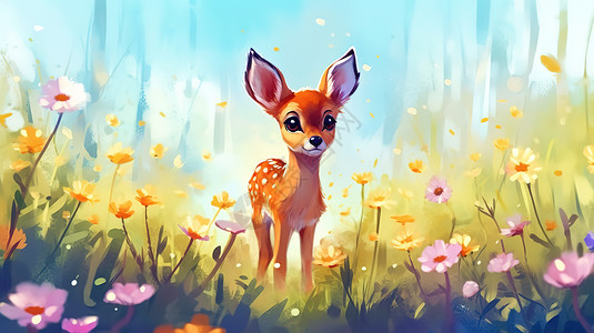 草地上小鹿水彩绘画背景图片