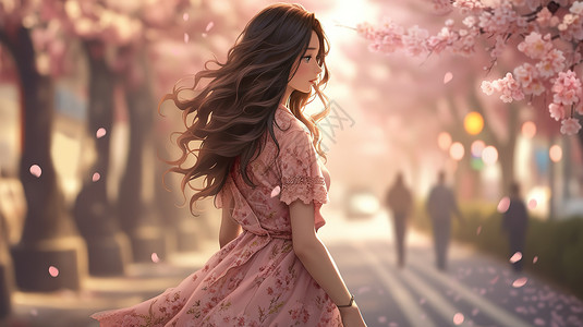 美女漫步在樱花树下图片