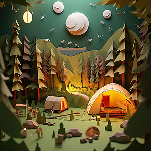 剪纸风森林露营背景图片