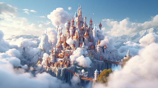云海城堡皮克斯风格背景图片