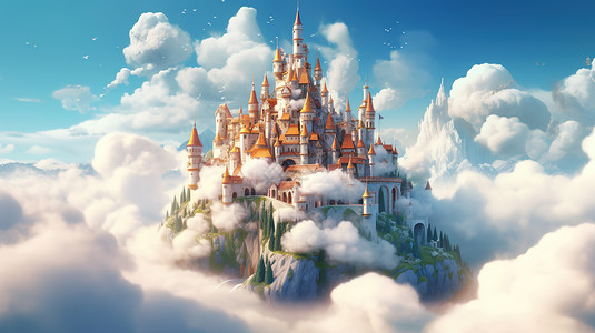 云海城堡皮克斯风格背景图片