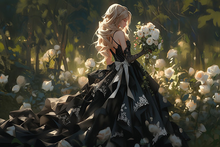 绿色森林黑色高级婚纱礼服的新娘漫画背景图片