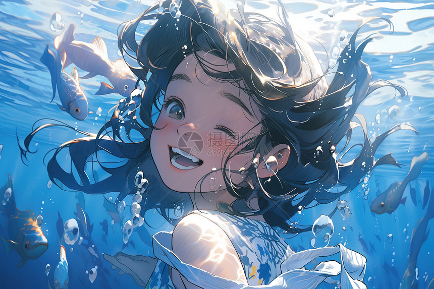 小女孩在水下游泳夏日戏水图片