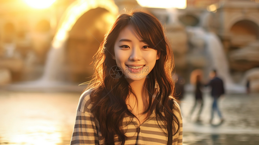 日落时分罗马喷泉前微笑的美女图片