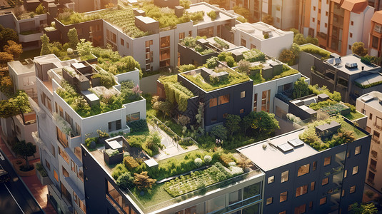 屋顶阳台绿化屋顶和阳台现代住宅绿植设计插画