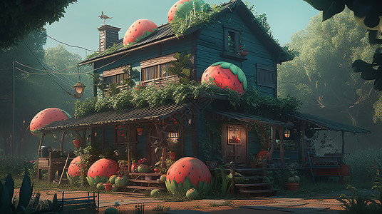 草莓建筑奇幻西瓜房屋建筑插画