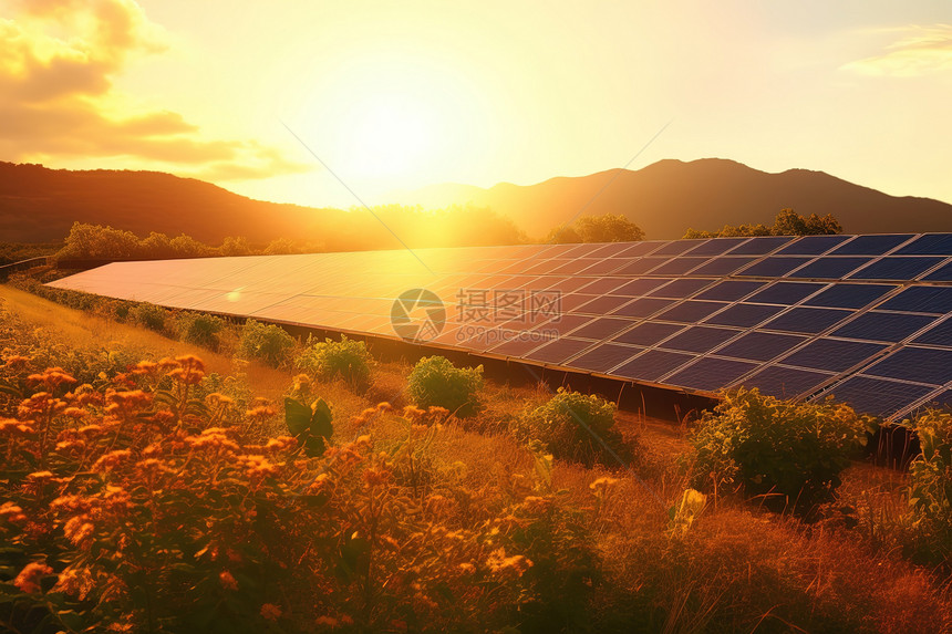 日落乡村太阳能电池板图片