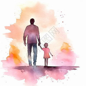 父亲节水彩插画父亲与孩子剪影背景图片