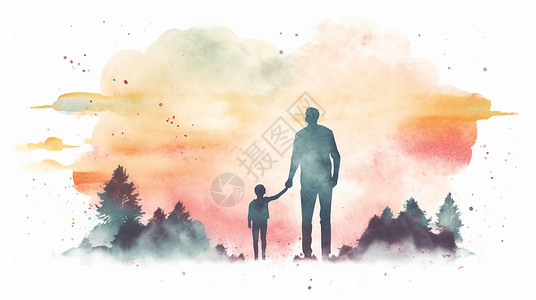 父亲节水彩插画父亲与孩子剪影背景图片