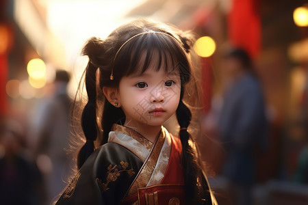 繁忙街道可爱的汉服女孩中国风背景图片