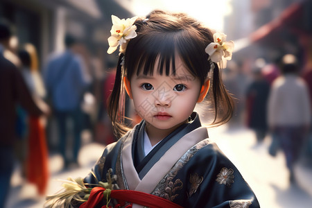 繁忙街道可爱的汉服女孩中国风背景图片