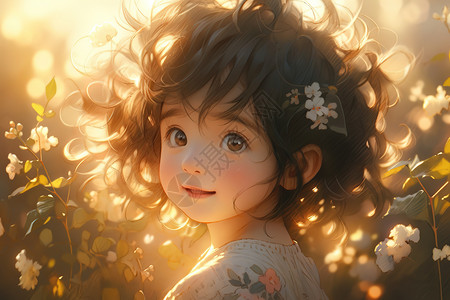 花丛中可爱小女孩回眸一笑背景图片