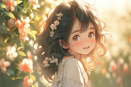 花丛中可爱小女孩回眸一笑背景图片