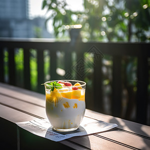 酸奶饮品窗台上的水果酸奶插画