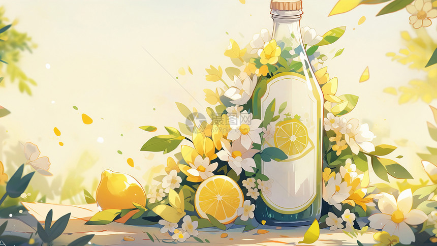 卡通小清新白色花丛中几颗新鲜的柠檬图片