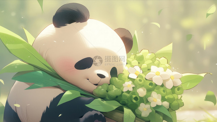 拥抱竹子和花束的胖卡通大熊猫图片