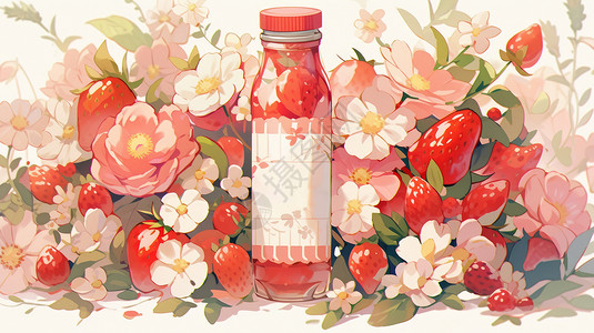 卡通草莓汁在鲜花与鲜中瓶装卡通汁插画