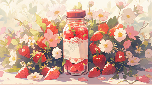草莓汁展板可爱的卡通瓶装草莓汁鲜草莓与花朵插画