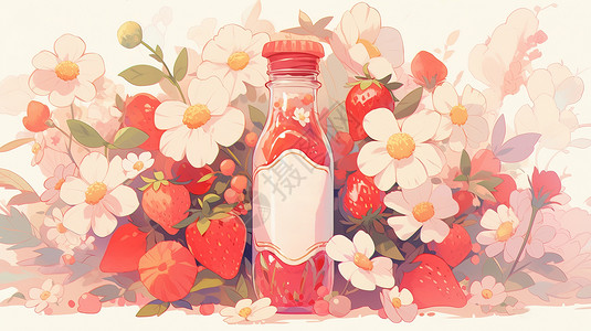 草莓汁展板小清新卡通草莓汁瓶装在花丛中插画