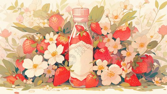 卡通草莓汁卡通鲜和小花包围的瓶装汁插画