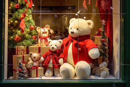 时尚风装饰礼盒橱窗展示圣诞节时尚礼物熊插画