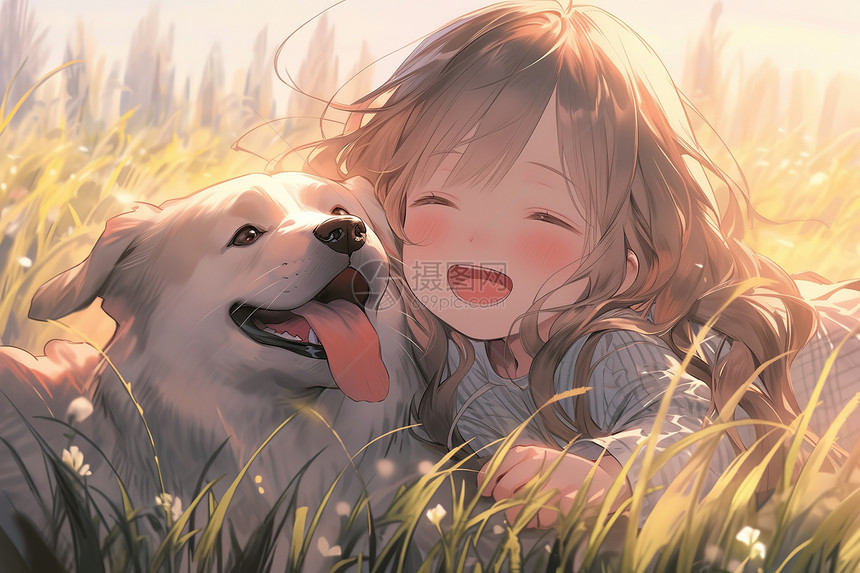 女孩金毛犬在草地上开心地笑图片