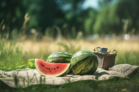 户外水果西瓜的清爽夏日场景户外野餐插画