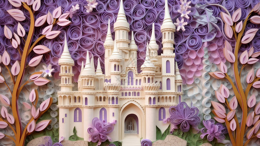 彩色加油折纸字被紫色花朵包围的卡通彩色衍纸手工城堡插画