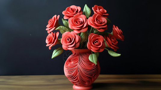 玫瑰花花瓶红色玫瑰花在手工衍纸花瓶中插画