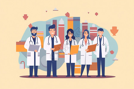 医生和护士可爱平面设计插图背景图片