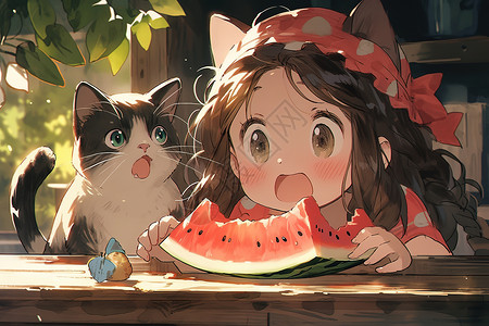 夏天夏至插画吃西瓜的小女孩动漫背景图片