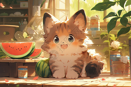 夏至可爱小猫咪开心吃西瓜图片