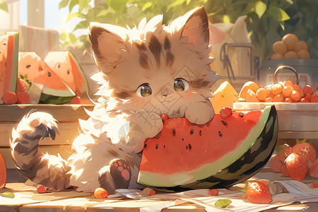 夏至可爱风海报小猫咪开心吃西瓜图片