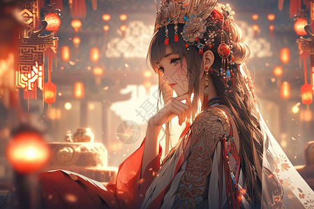 中国女孩穿着传统红色古装优雅姿势图片