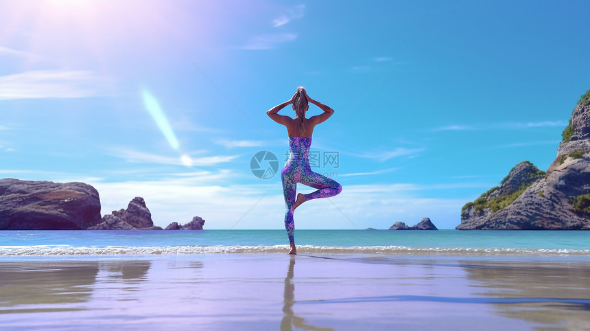 海边瑜伽运动的美女图片