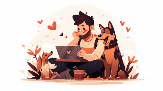 坐在地上看电脑的卡通男人与宠物狗插画