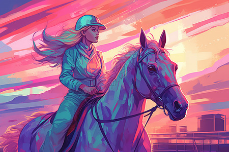 赛马场上骑马的女孩蒸汽波背景图片